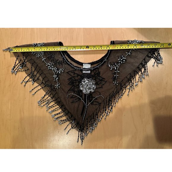 Black & Silver Beaded Sequin Mesh Pullover Capelet Collar Shawl - Picture 13 of 15